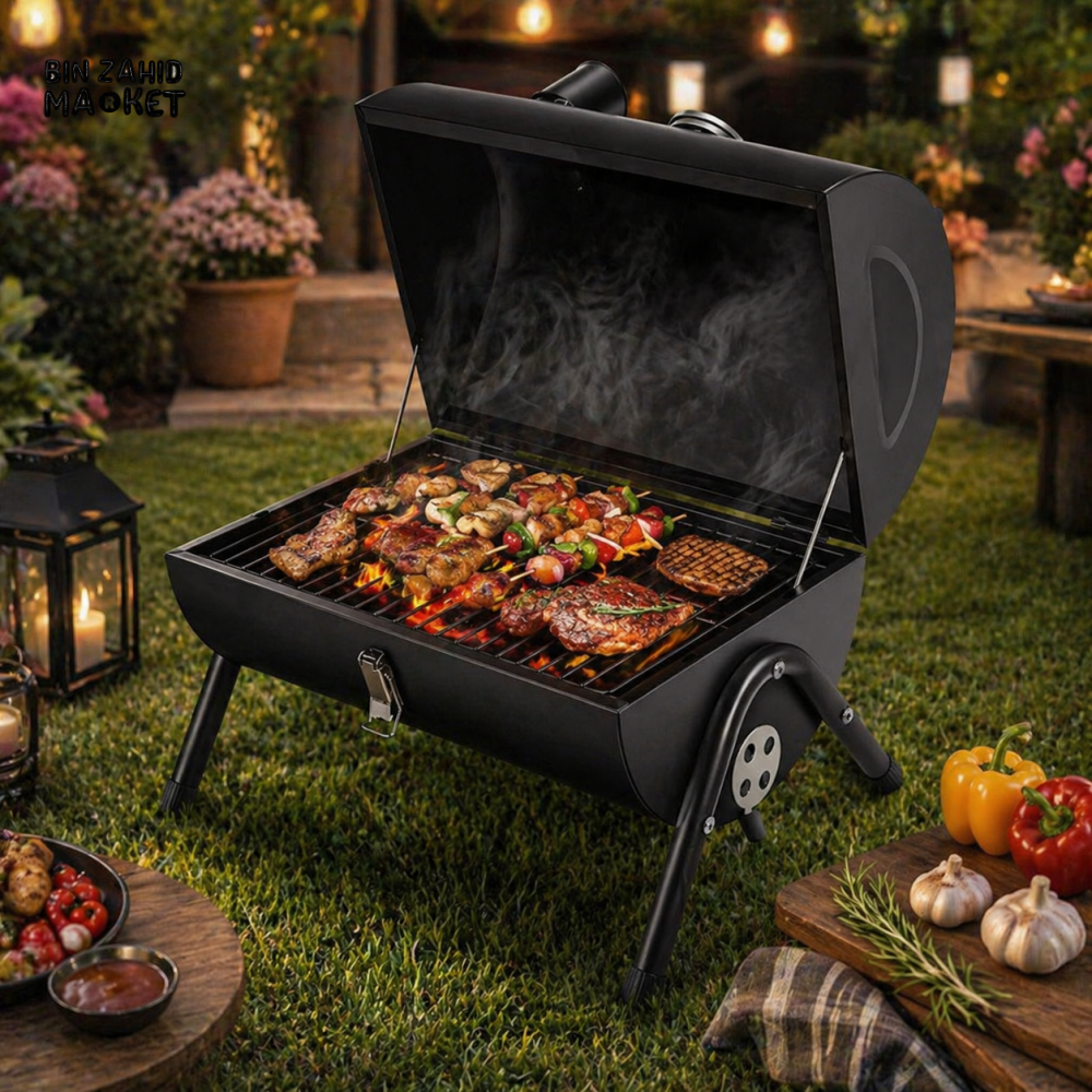 PREMIUM CYLINDER CHARCOAL BBQ SMOKER GRILL WITH WOODEN HANDLE