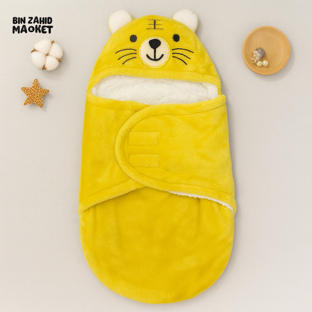 PREMIUM FLEECE BABY SWADDLE – HOODED WRAP FOR SLEEP & TRAVEL TO 6 MONTHS - LION