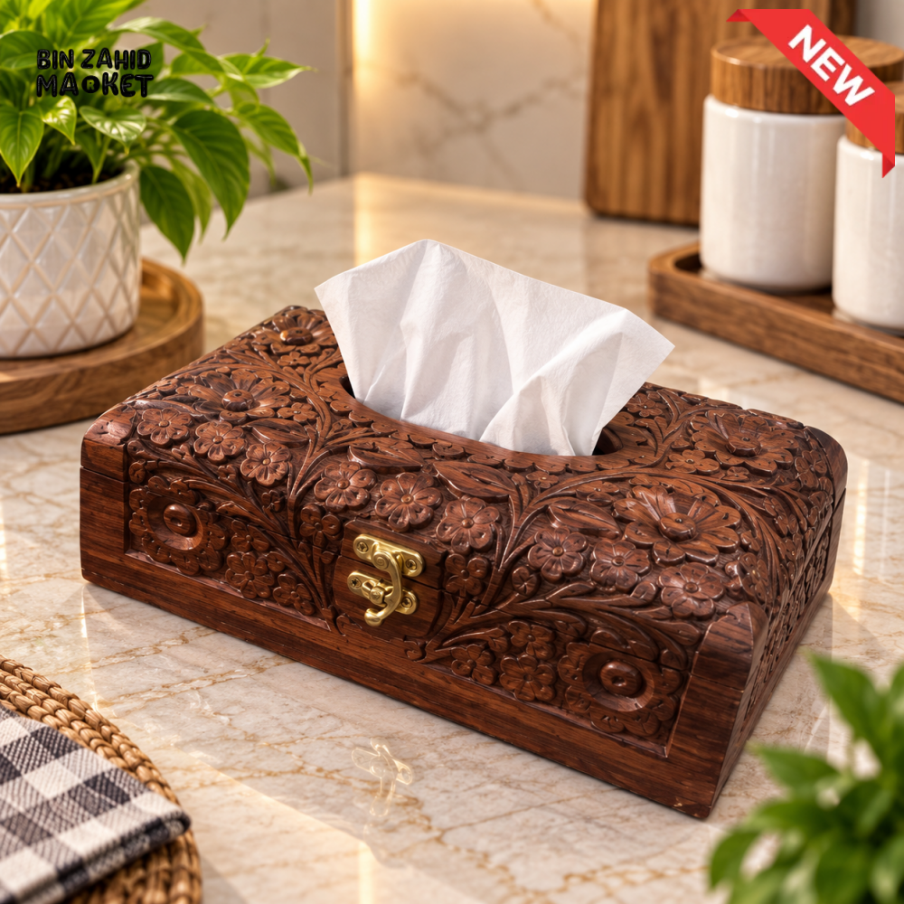 PREMIUM FLORAL CARVED WOODEN TISSUE BOX WITH BRASS LATCH