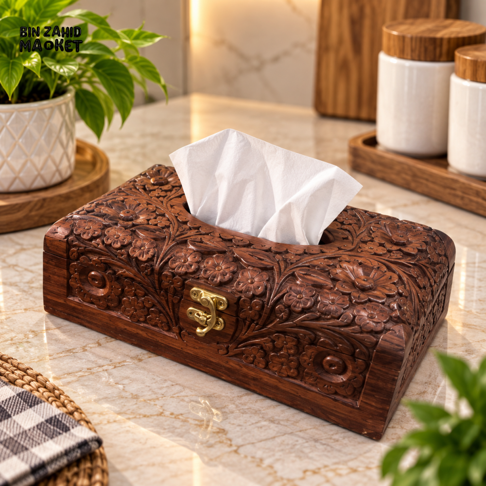 PREMIUM FLORAL CARVED WOODEN TISSUE BOX WITH BRASS LATCH