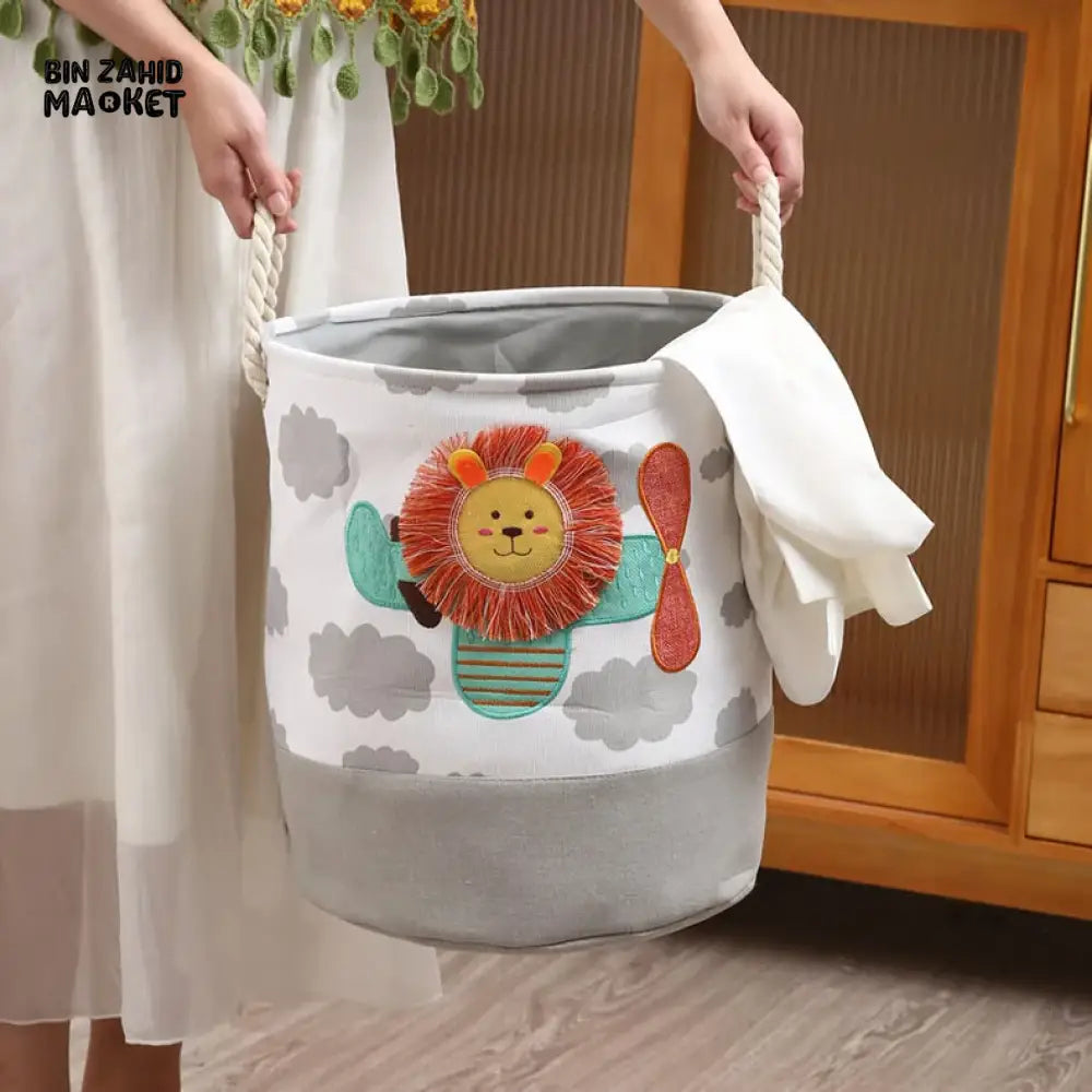 PREMIUM FOLDABLE LAUNDRY & TOY STORAGE BASKET – CUTE CARTOON ANIMAL MULTIPURPOSE ORGANIZER BIN - LION