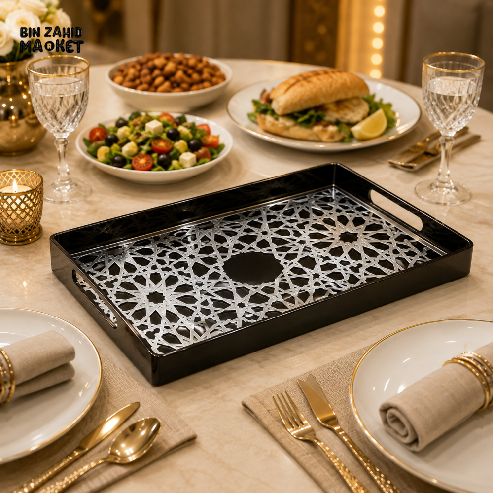 PREMIUM GEOMETRIC RECTANGULAR SERVING TRAY – BLACK & GOLD / BLACK & SILVER