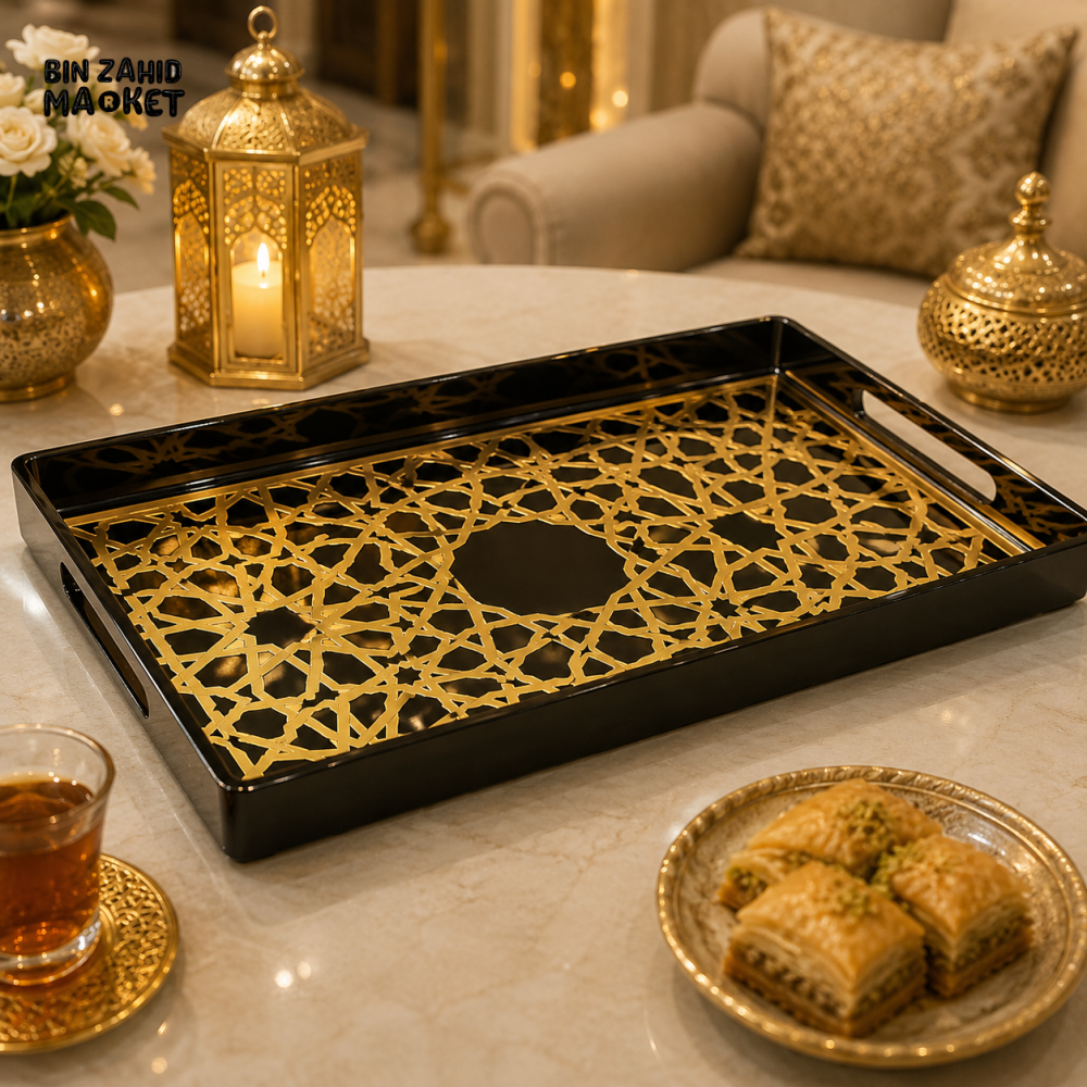 PREMIUM GEOMETRIC RECTANGULAR SERVING TRAY – BLACK & GOLD / BLACK & SILVER