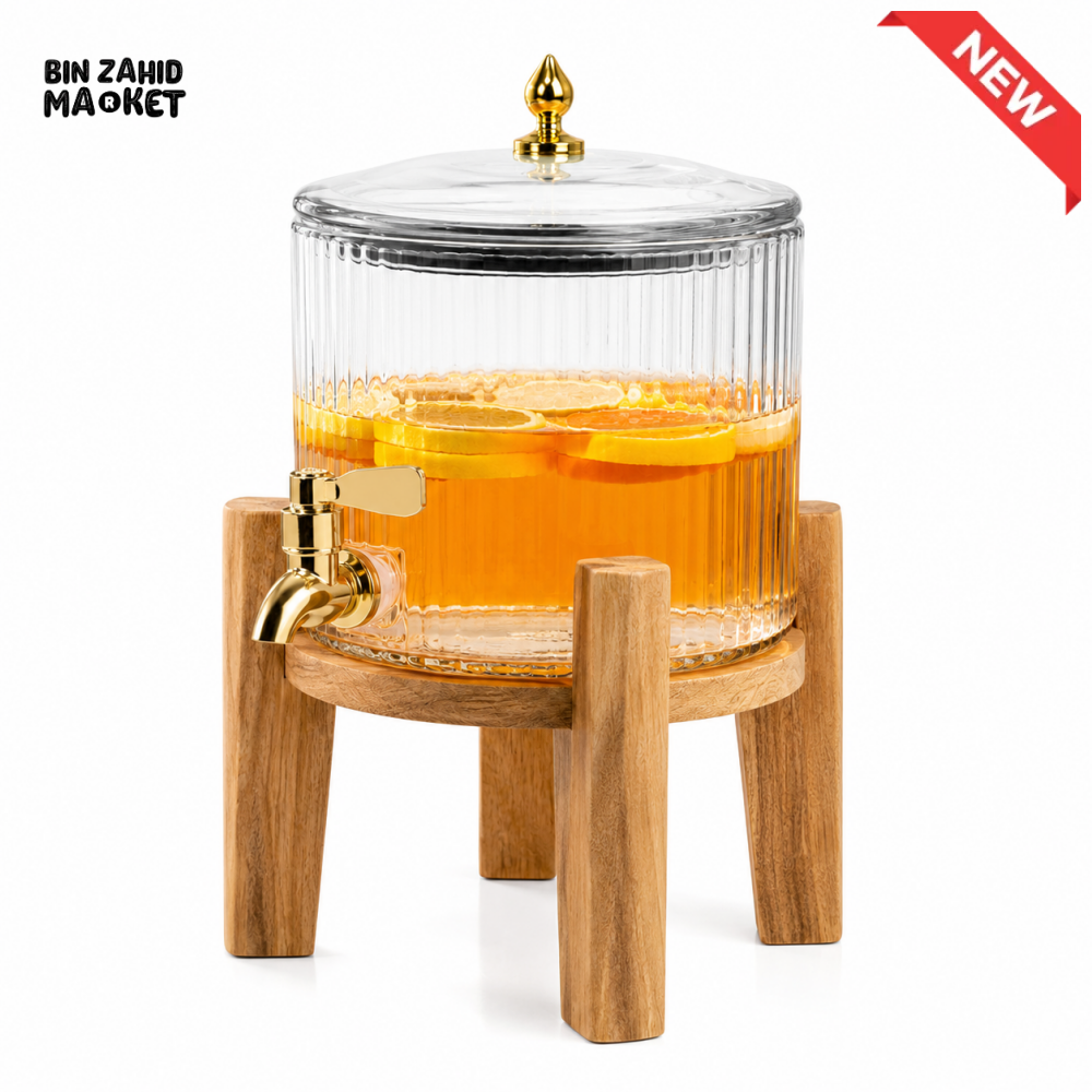 PREMIUM GLASS BEVERAGE DISPENSER WITH WOODEN STAND & LID - 2.6 LITER