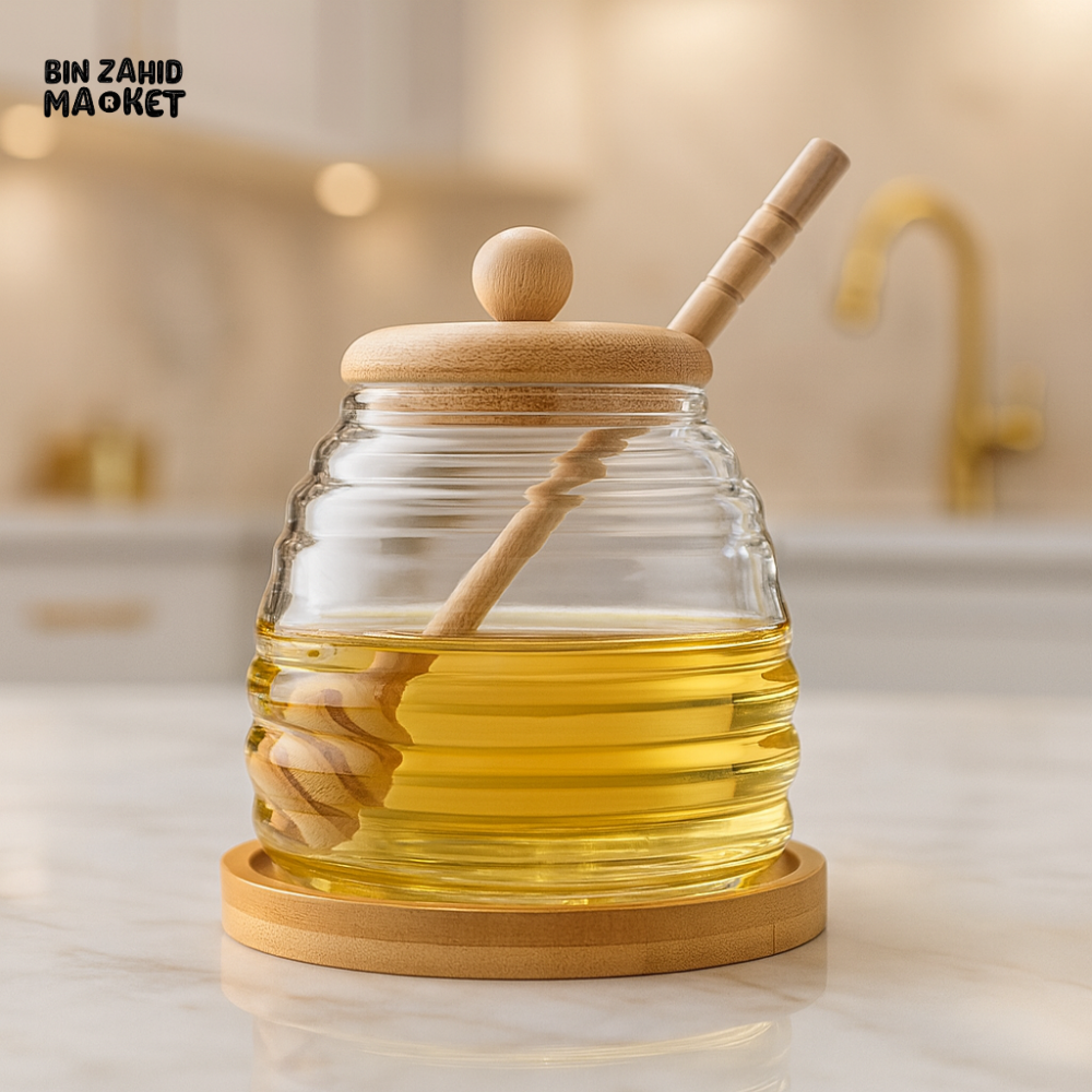 PREMIUM GLASS HONEY JAR WITH WOODEN DIPPER – HEAT-RESISTANT TRANSPARENT CONTAINER FOR HONEY & SYRUP STORAGE