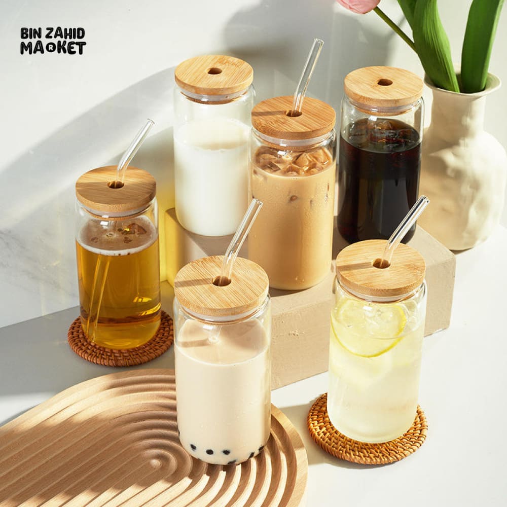 PREMIUM GLASS TUMBLER WITH BAMBOO LID & STRAW – LUXURY ICED COFFEE DRINKING GLASS FOR MODERN KITCHEN