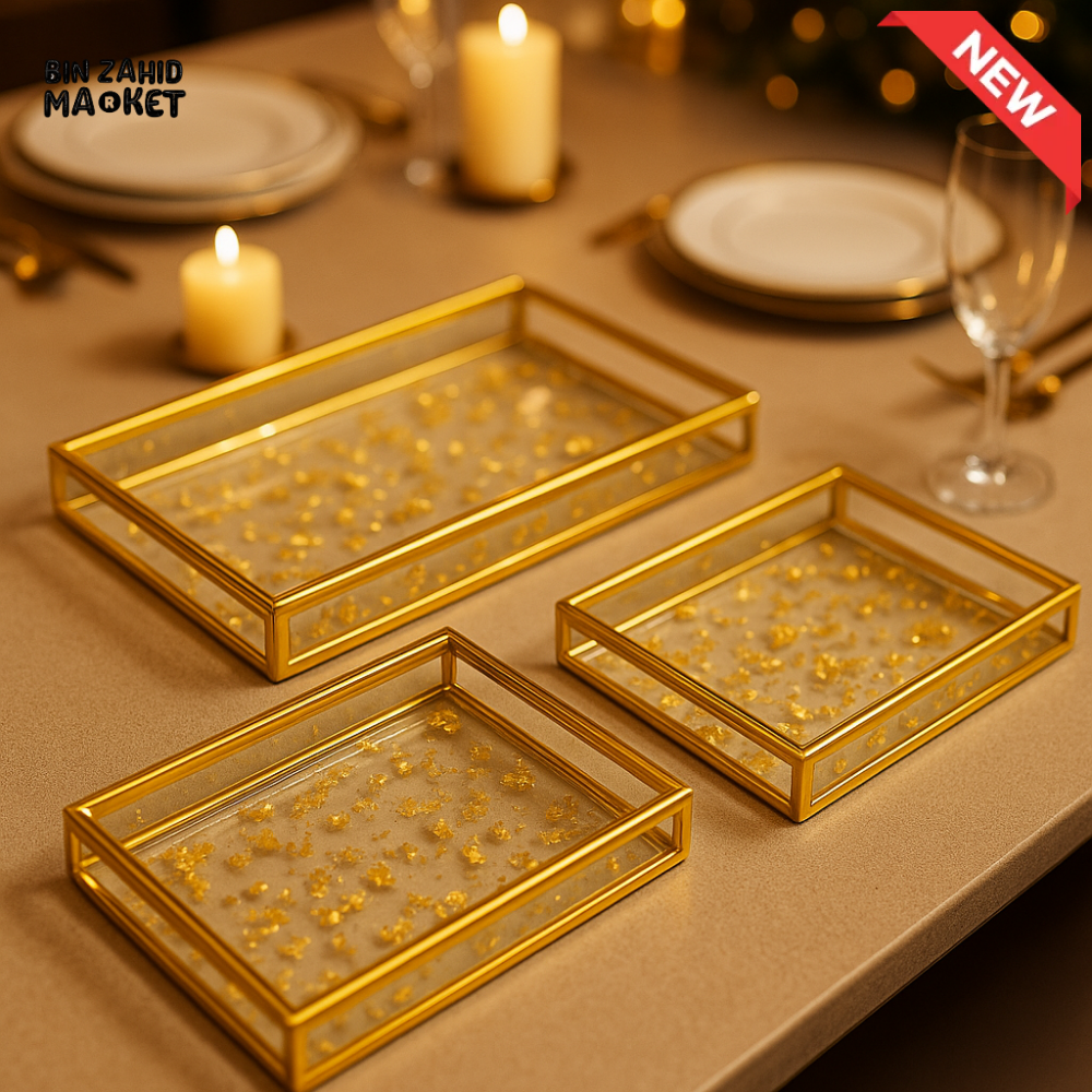 PREMIUM GOLD BORDER RESIN TRAYS – TEA/COFFEE & DESSERT – 3 PEICES SET