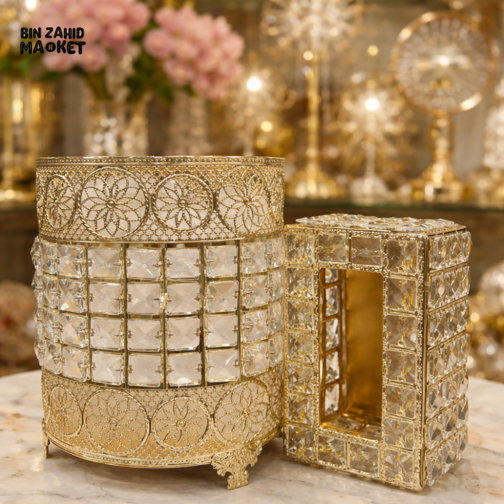 PREMIUM GOLD CRYSTAL BIN & TISSUE BOX SET