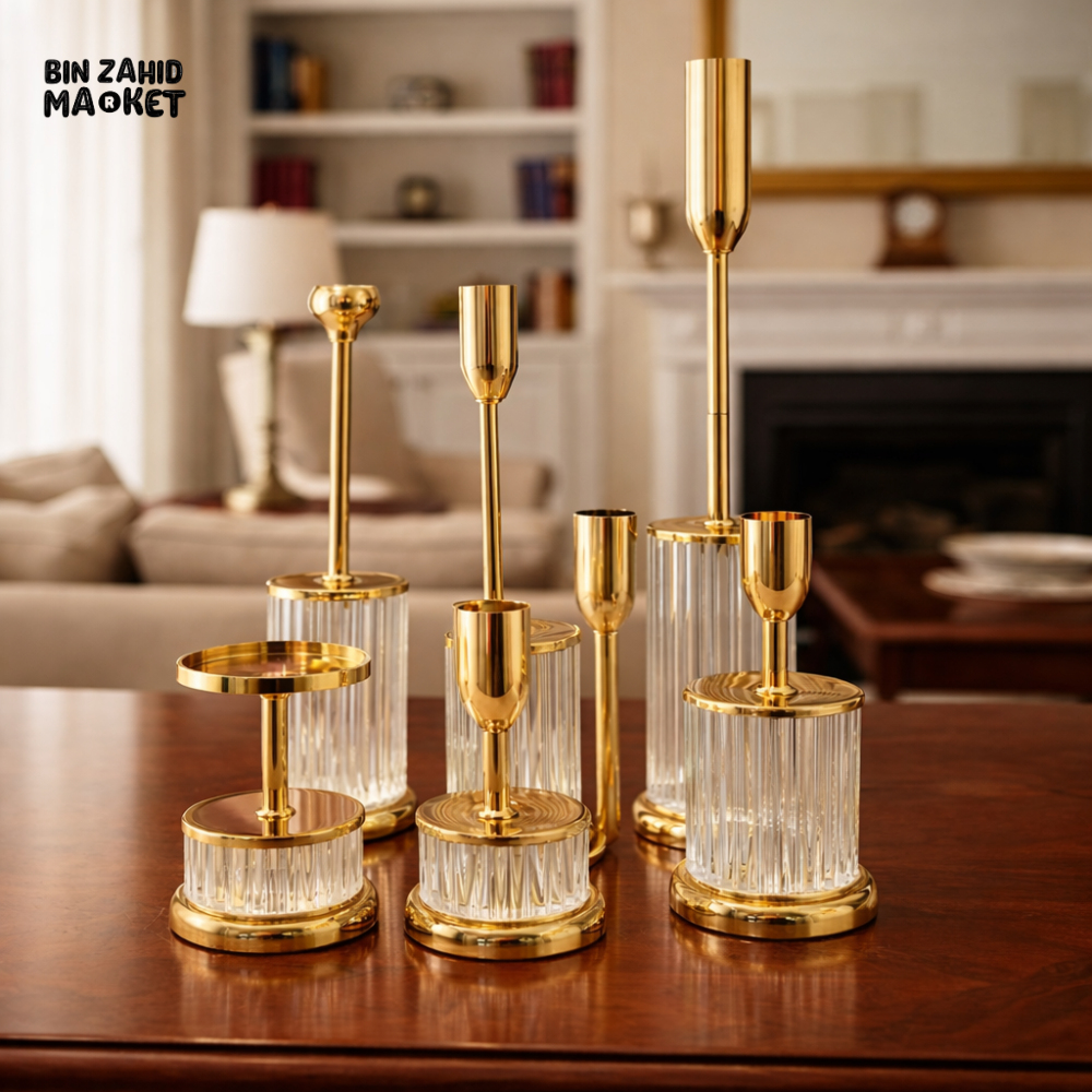 PREMIUM GOLD FINISH CRYSTAL CANDLE STAND 6 PIECES SET – LUXURY TABLE DÉCOR