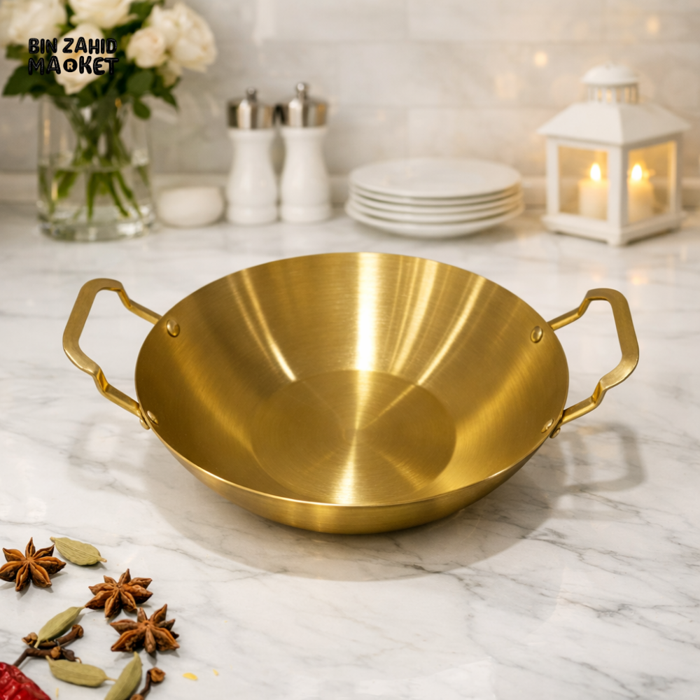 PREMIUM GOLD FINISH STAINLESS STEEL KADAI – MODERN KITCHEN WOK