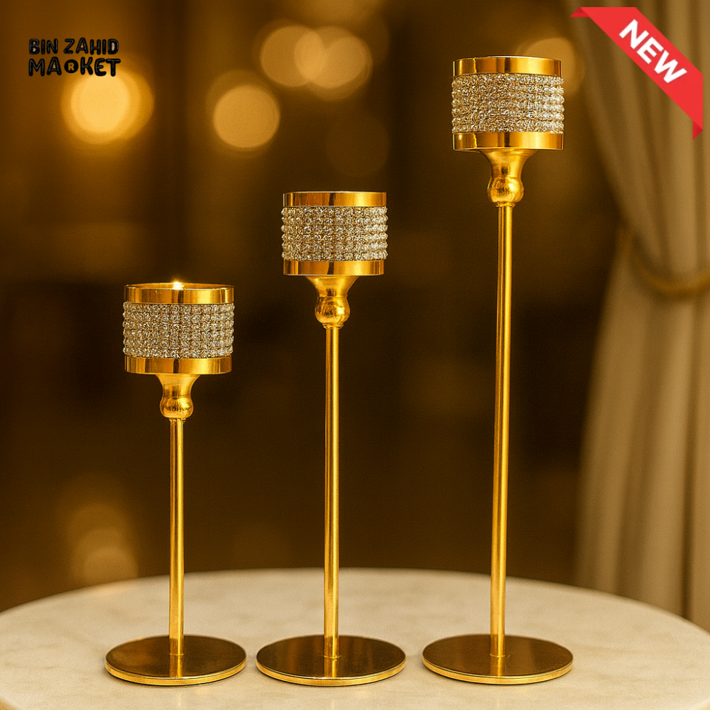 PREMIUM GOLDEN CANDLE HOLDER TRIO – CRYSTAL-EMBELLISHED CUPS