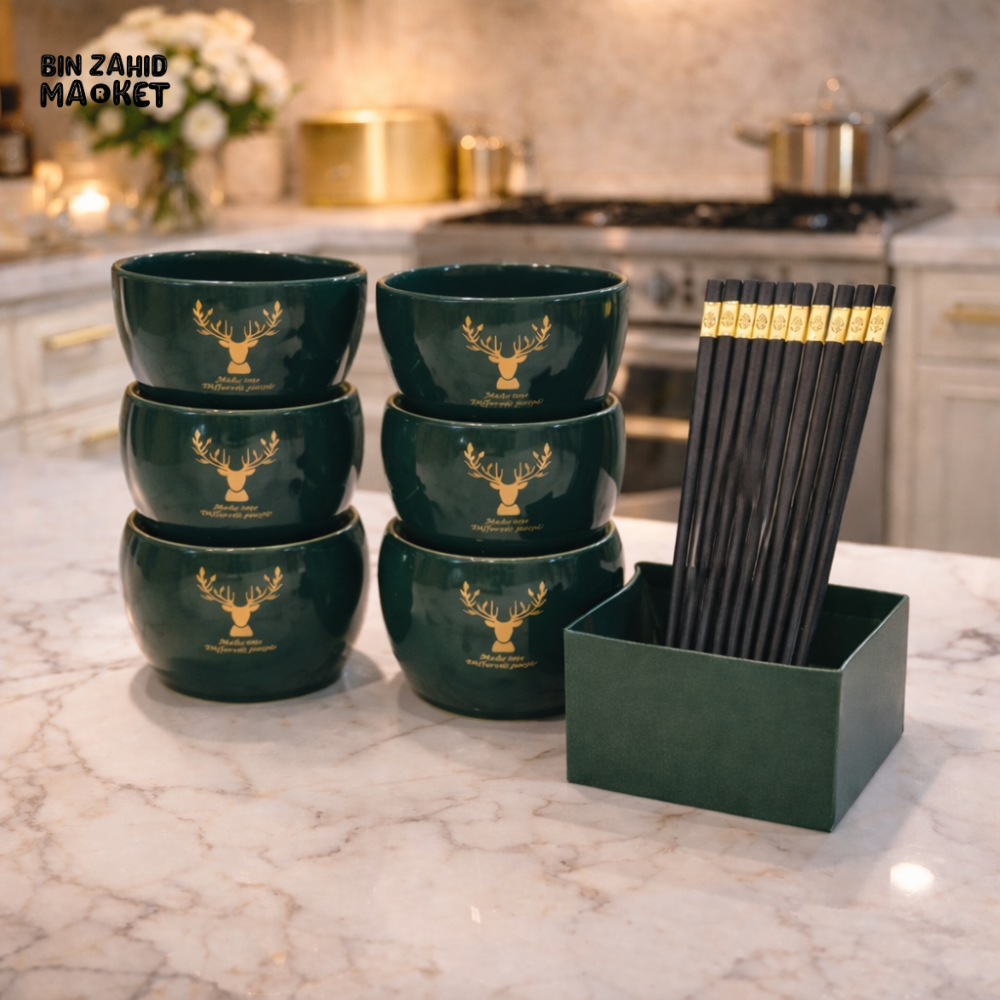 PREMIUM GREEN CERAMIC BOWL & CHOPSTICKS SET – CLASSIC KITCHEN DINING COLLECTION