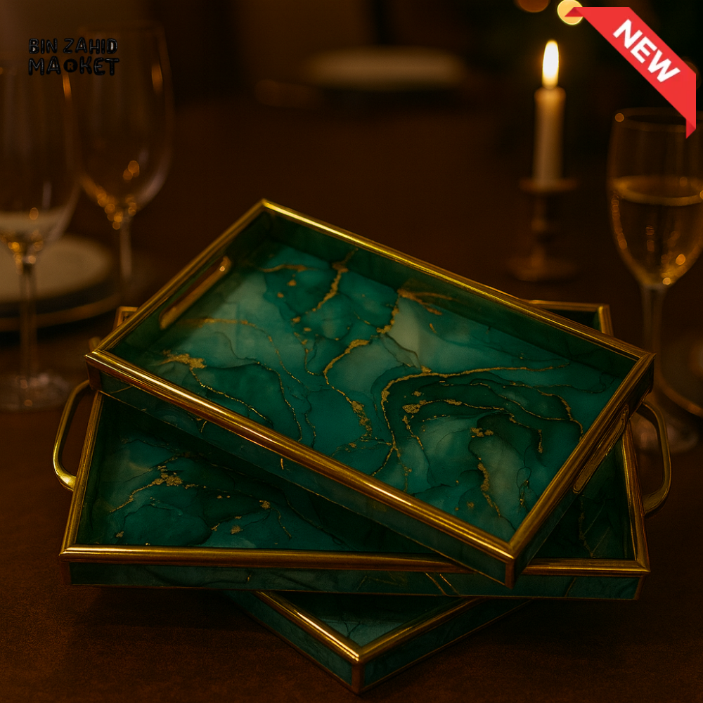 PREMIUM GREEN MARBLE RESIN TRAYS – GOLD VEIN DESIGN – 3-PIECES SET
