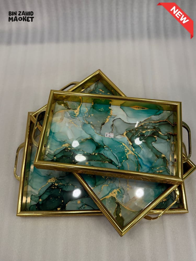 PREMIUM GREEN MARBLE RESIN TRAYS – GOLD VEIN DESIGN – 3-PIECES SET