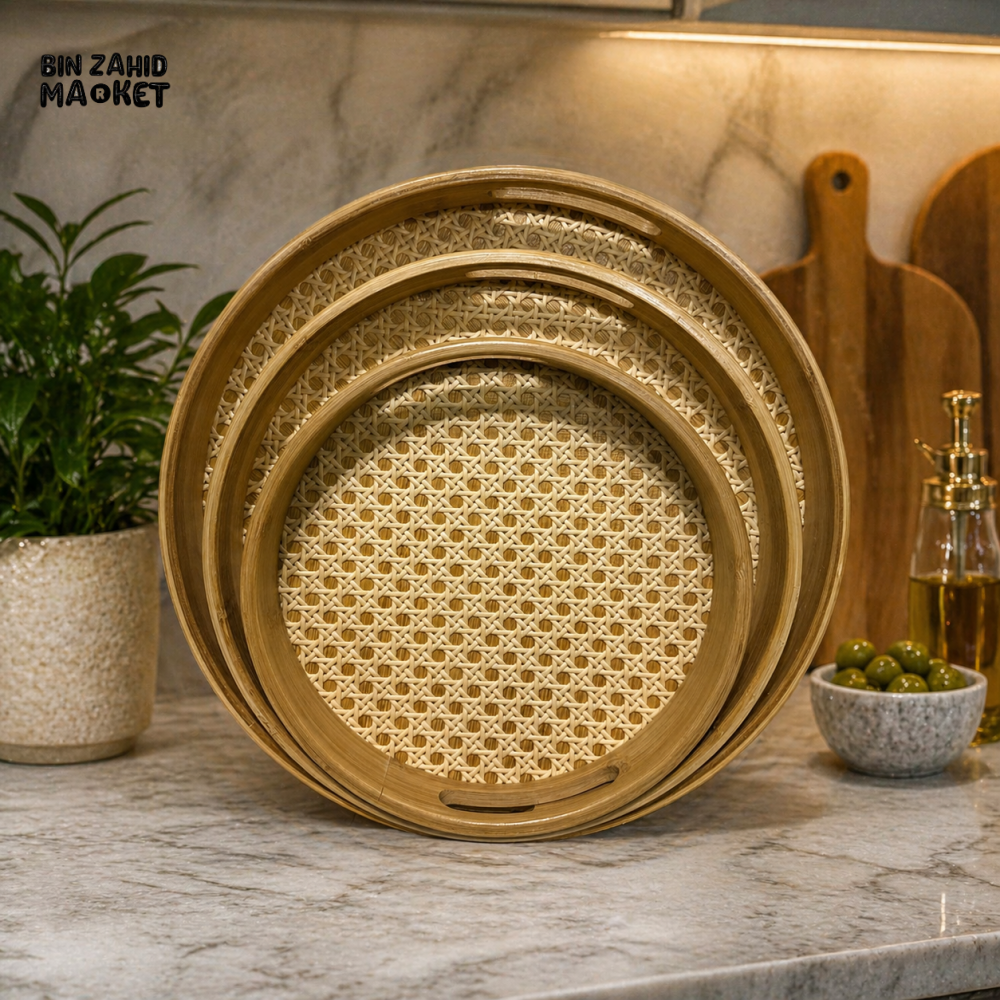 PREMIUM HANDWOVEN BAMBOO SERVING TRAY SET 3 PIECES