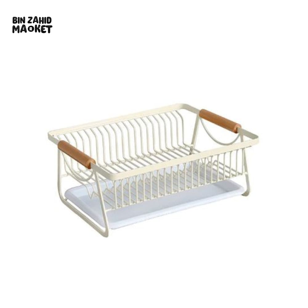 PREMIUM KITCHEN DISH RACK – METAL FRAME WITH WOOD HANDLES & WATER DRAIN TRAY