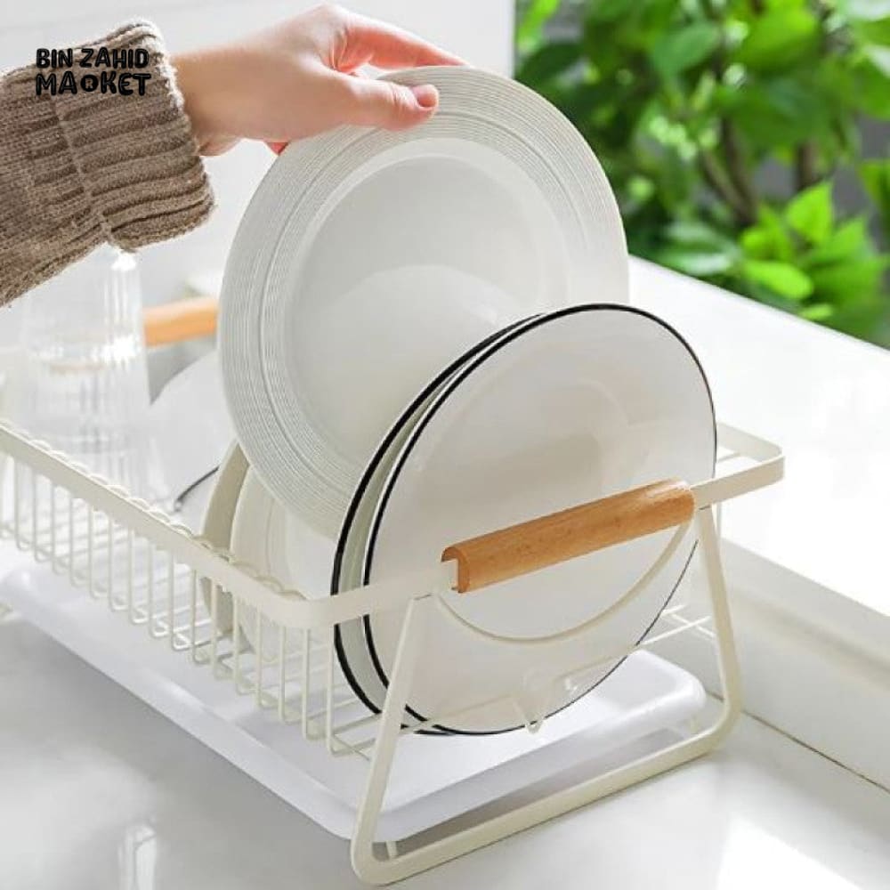 PREMIUM KITCHEN DISH RACK – METAL FRAME WITH WOOD HANDLES & WATER DRAIN TRAY