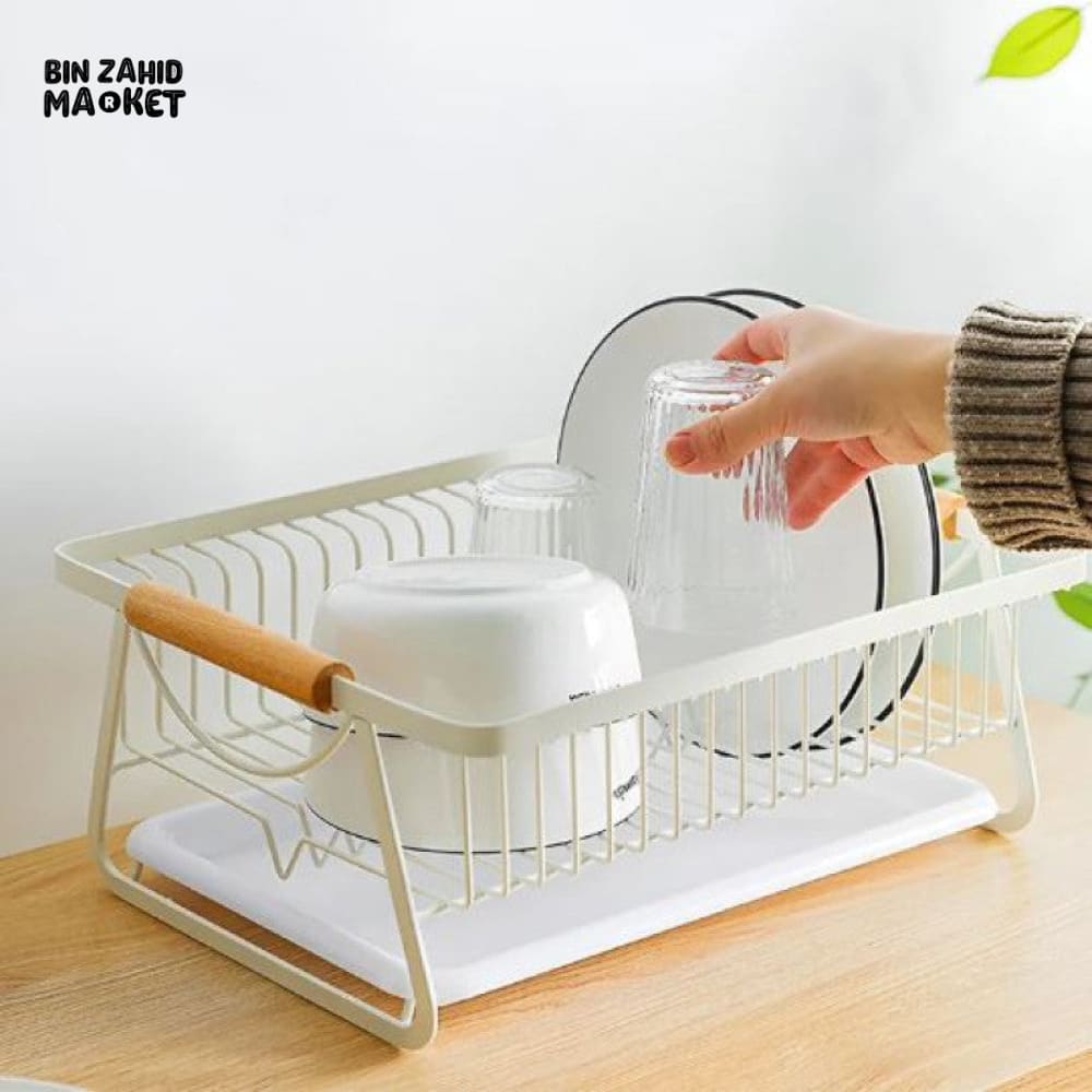 PREMIUM KITCHEN DISH RACK – METAL FRAME WITH WOOD HANDLES & WATER DRAIN TRAY