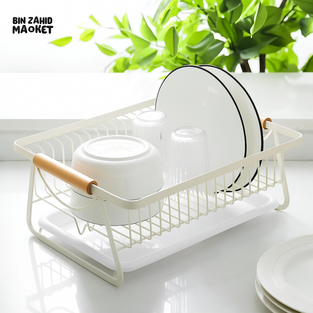 PREMIUM KITCHEN DISH RACK – METAL FRAME WITH WOOD HANDLES & WATER DRAIN TRAY