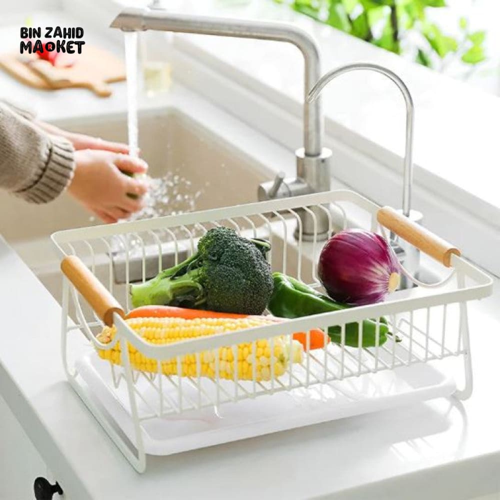 PREMIUM KITCHEN DISH RACK – METAL FRAME WITH WOOD HANDLES & WATER DRAIN TRAY