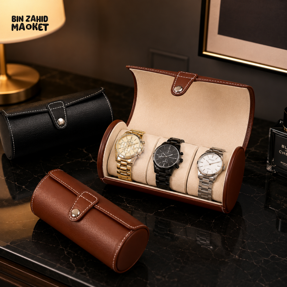 PREMIUM LEATHER WATCH STORAGE ROLL CASE - 3 SLOTS