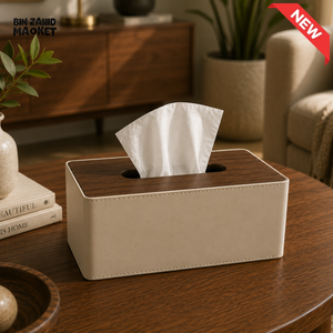 PREMIUM LEATHER & WOOD TISSUE BOX HOLDER - SAND BEIGE