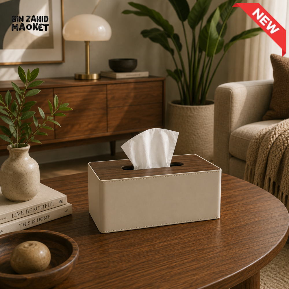 PREMIUM LEATHER & WOOD TISSUE BOX HOLDER - SAND BEIGE