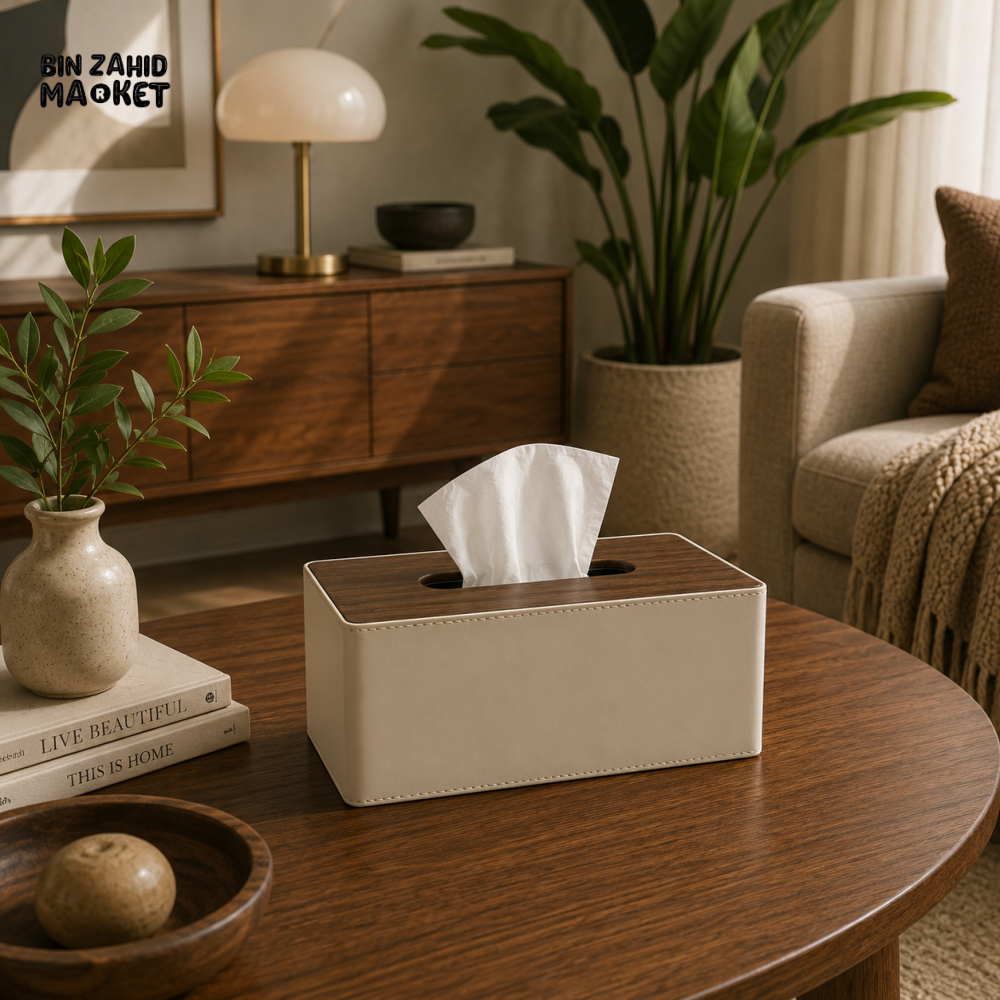 PREMIUM LEATHER & WOOD TISSUE BOX HOLDER - SAND BEIGE