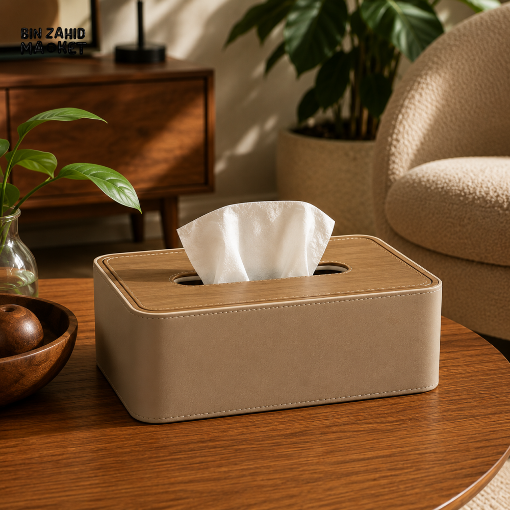PREMIUM LEATHER & WOOD TISSUE BOX HOLDER - SKIN