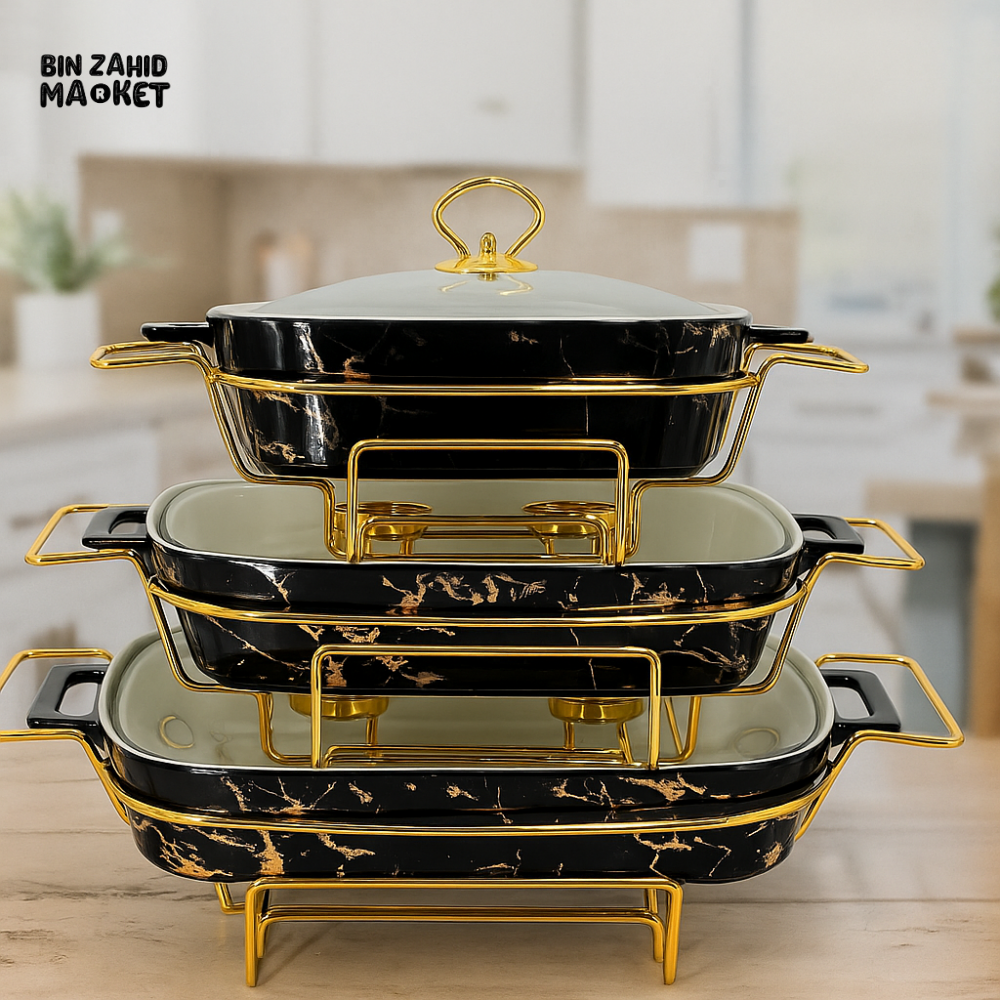 PREMIUM MARBLE CERAMIC CASSEROLE SET WITH GOLD STAND – BUFFET & DINING SERVER - BLACK MARBLE