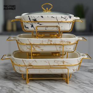 PREMIUM MARBLE CERAMIC CASSEROLE SET WITH GOLD STAND – BUFFET & DINING SERVER