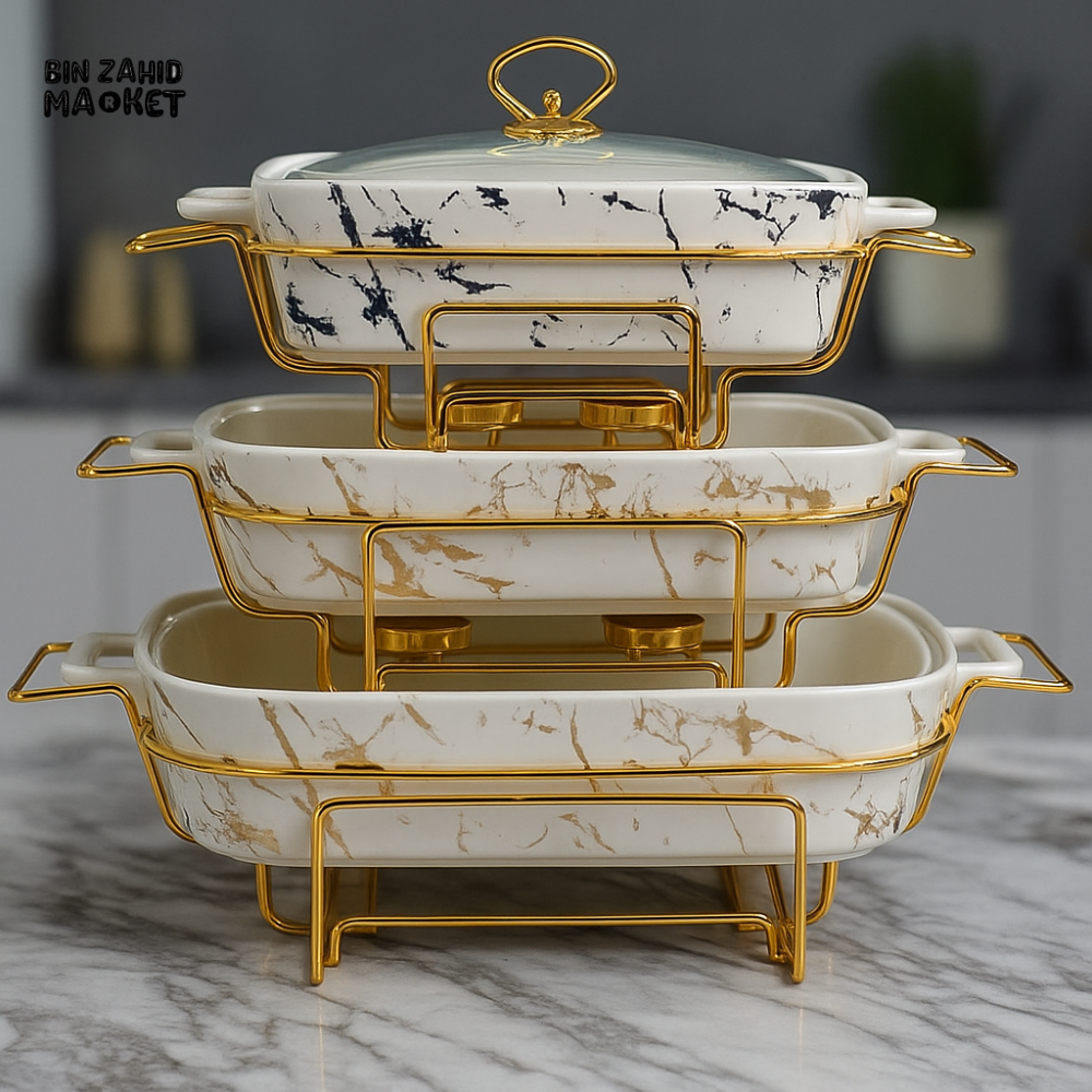 PREMIUM MARBLE CERAMIC CASSEROLE SET WITH GOLD STAND – BUFFET & DINING SERVER