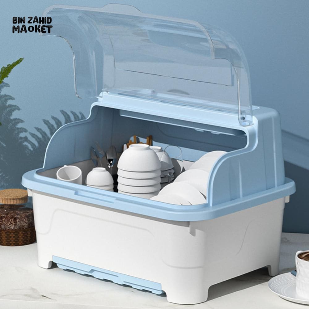 PREMIUM MULTI-FUNCTIONAL DUSTPROOF KITCHEN DISH STORAGE BOX WITH LID - BLUE WHITE