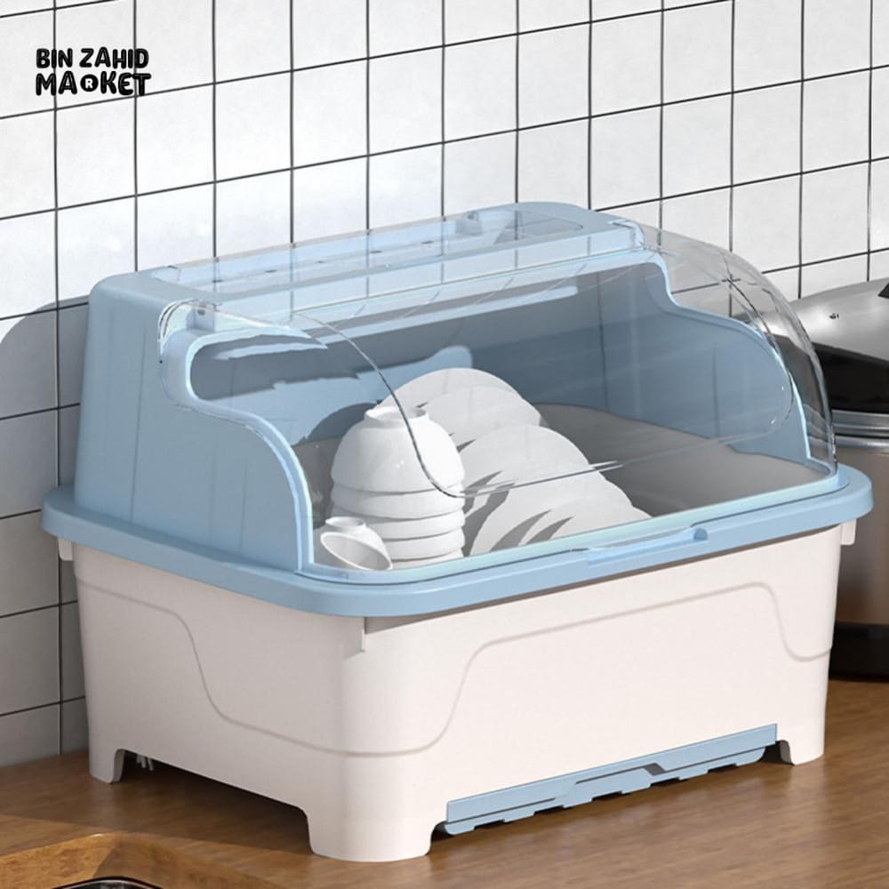 PREMIUM MULTI-FUNCTIONAL DUSTPROOF KITCHEN DISH STORAGE BOX WITH LID - BLUE WHITE