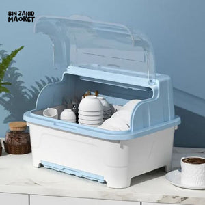 PREMIUM MULTI-FUNCTIONAL DUSTPROOF KITCHEN DISH STORAGE BOX WITH LID - BLUE WHITE