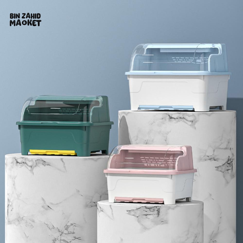 PREMIUM MULTI-FUNCTIONAL DUSTPROOF KITCHEN DISH STORAGE BOX WITH LID - BLUE WHITE