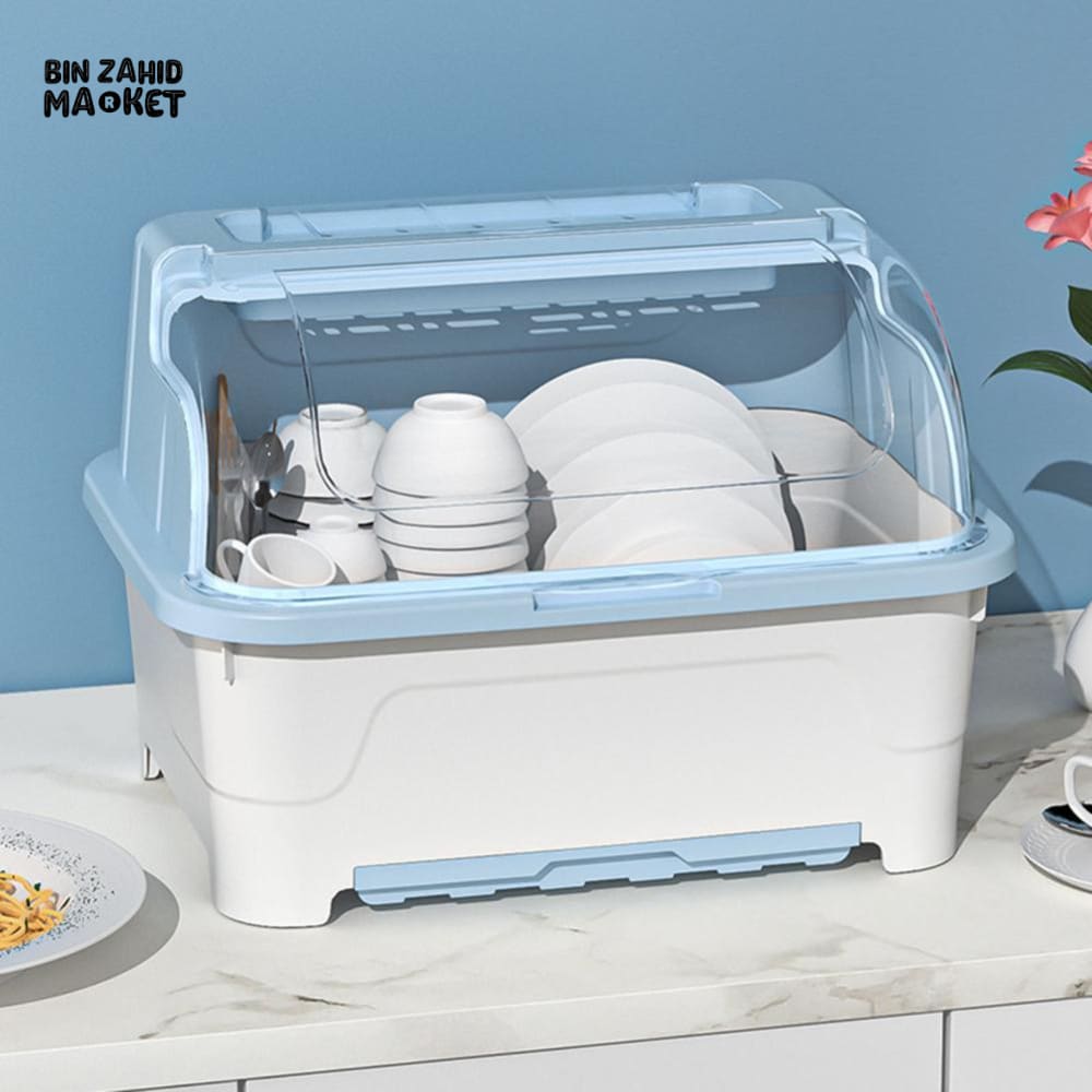 PREMIUM MULTI-FUNCTIONAL DUSTPROOF KITCHEN DISH STORAGE BOX WITH LID - BLUE WHITE