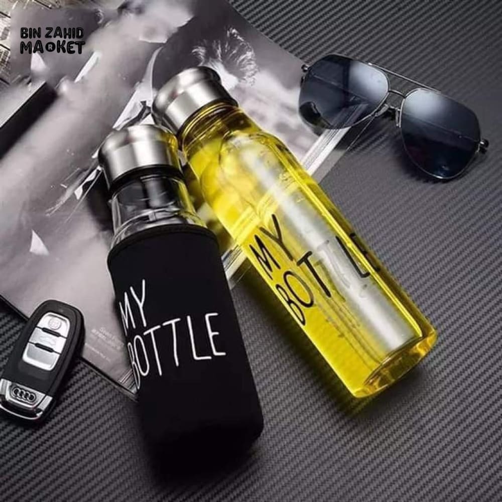 PREMIUM MY GLASS BOTTLE – REUSABLE WATER BOTTLE WITH PROTECTIVE SLEEVE & STAINLESS STEEL LID
