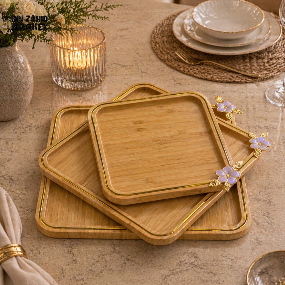 PREMIUM NESTED BAMBOO SERVING TRAY SET WITH GOLDEN ACCENTS 3 PIECES SET