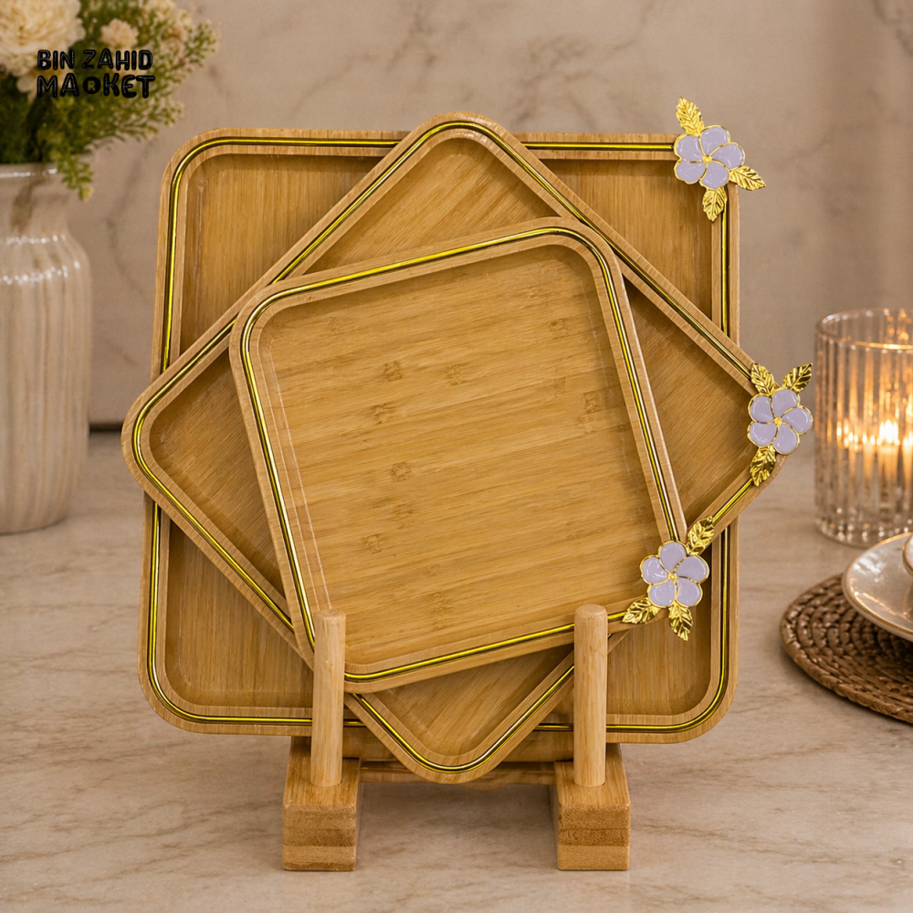 PREMIUM NESTED BAMBOO SERVING TRAY SET WITH GOLDEN ACCENTS 3 PIECES SET