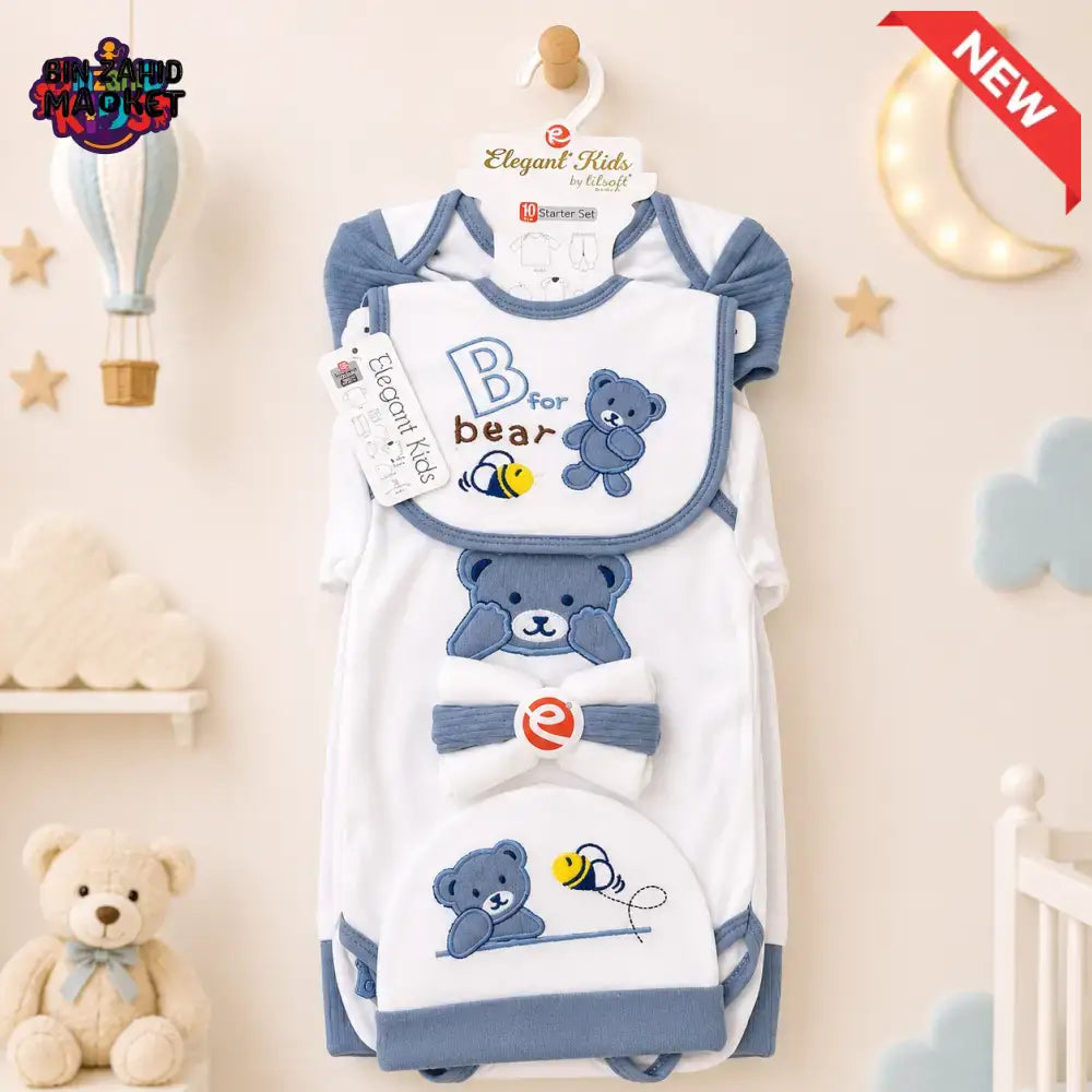 PREMIUM NEWBORN BABY STARTER GIFT SET – B FOR BEAR DESIGN (BABY BLUE & WHITE)