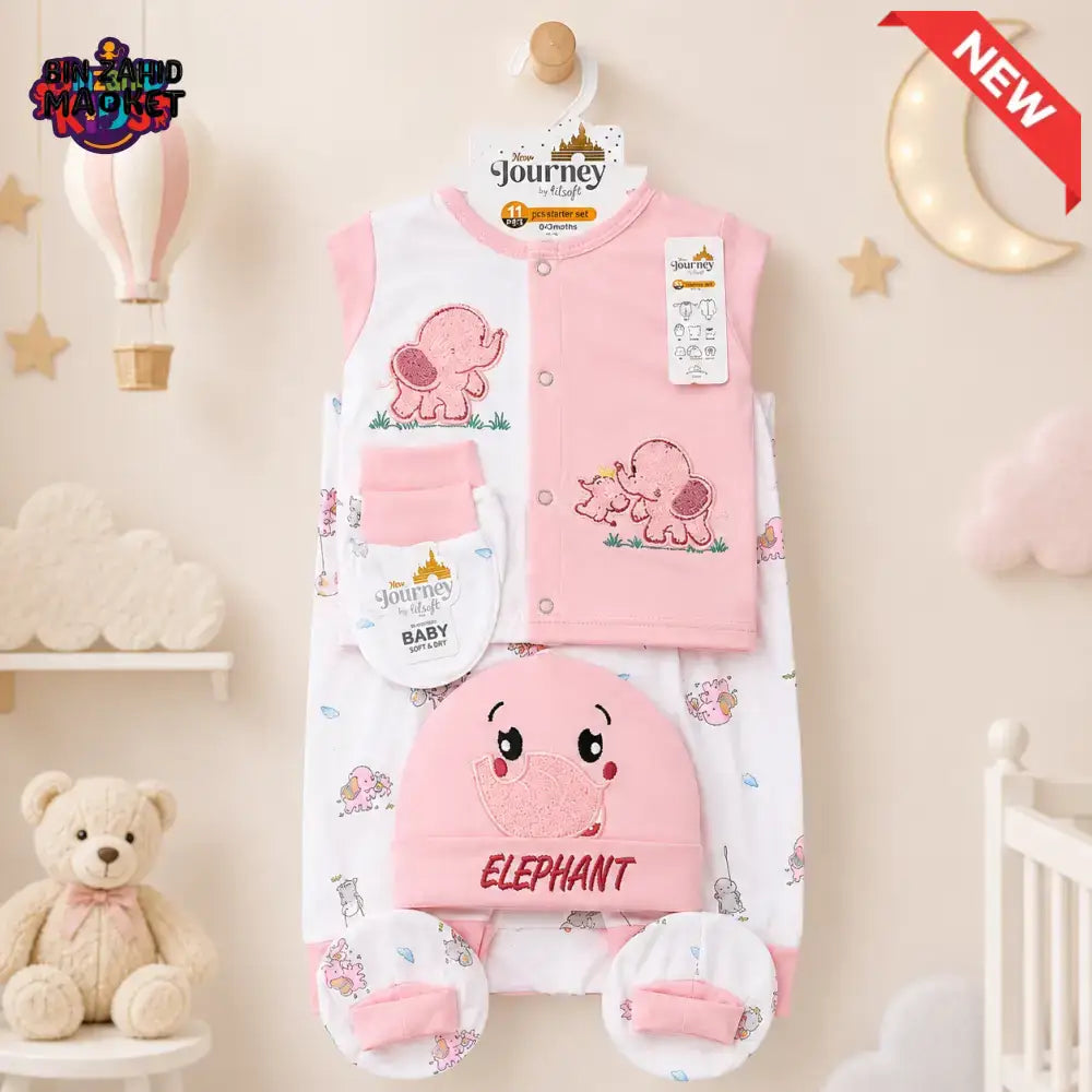 PREMIUM NEWBORN BABY STARTER GIFT SET – CUTE ELEPHANT DESIGN (PINK & WHITE)
