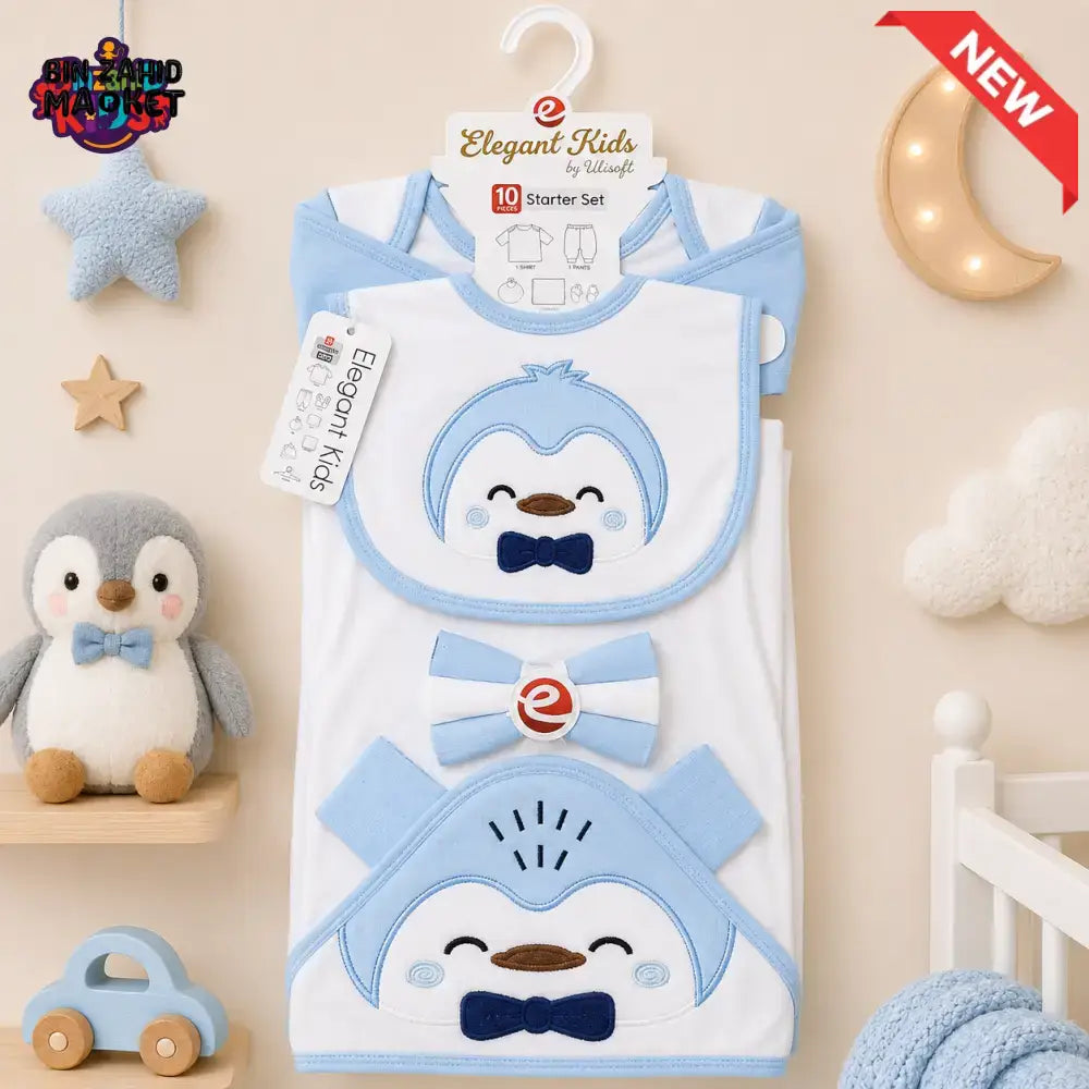 PREMIUM NEWBORN BABY STARTER GIFT SET – GENTLEMAN PENGUIN DESIGN (BABY BLUE & WHITE)