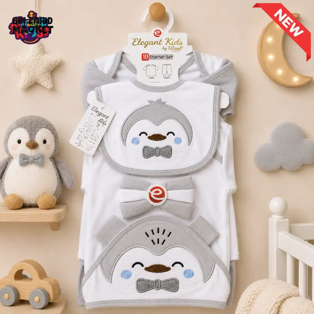PREMIUM NEWBORN BABY STARTER GIFT SET – GENTLEMAN PENGUIN DESIGN (GREY & WHITE)
