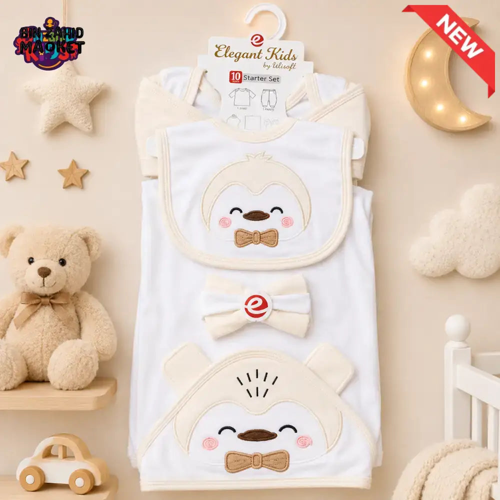 PREMIUM NEWBORN BABY STARTER GIFT SET – GENTLEMAN PENGUIN DESIGN (IVORY & WHITE)