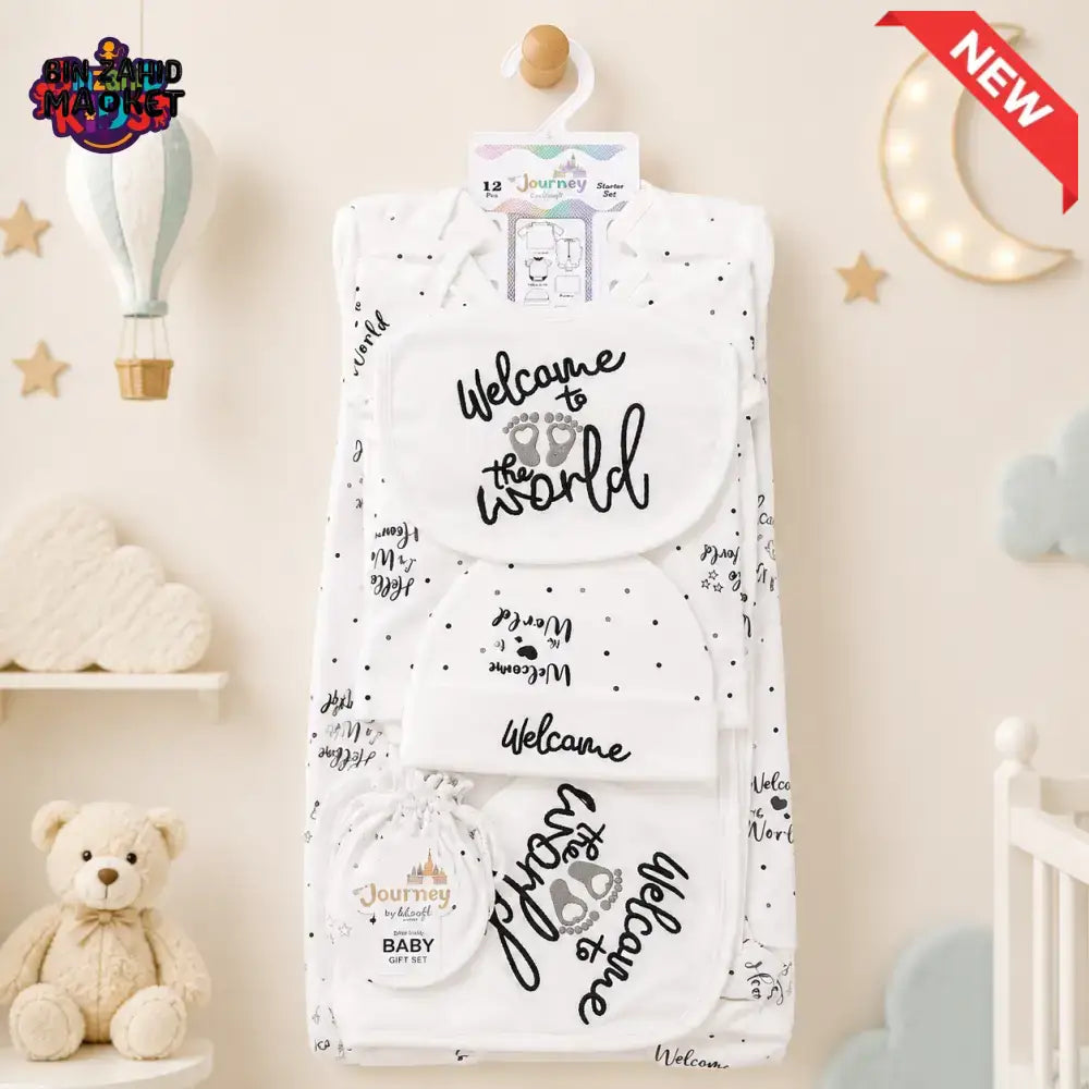 PREMIUM NEWBORN BABY STARTER GIFT SET – WELCOME TO THE WORLD DESIGN (WHITE & BLACK)