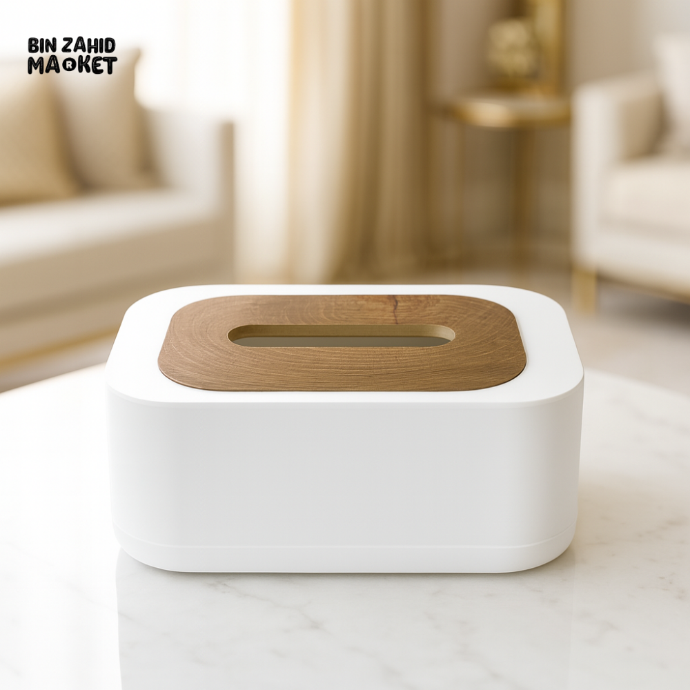 PREMIUM NORDIC TISSUE DISPENSER – MINIMAL WHITE BODY WITH WOOD GRAIN TOP