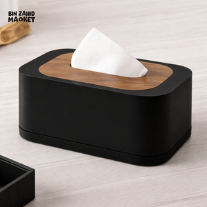 ELEGANT BLACK TISSUE BOX COVER WITH WOOD TOP – TABLETOP ORGANIZER