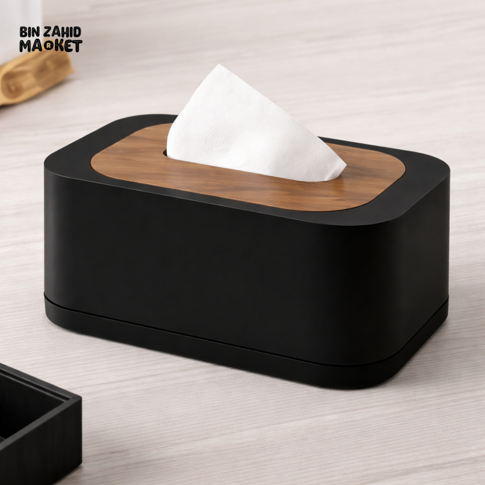 ELEGANT BLACK TISSUE BOX COVER WITH WOOD TOP – TABLETOP ORGANIZER
