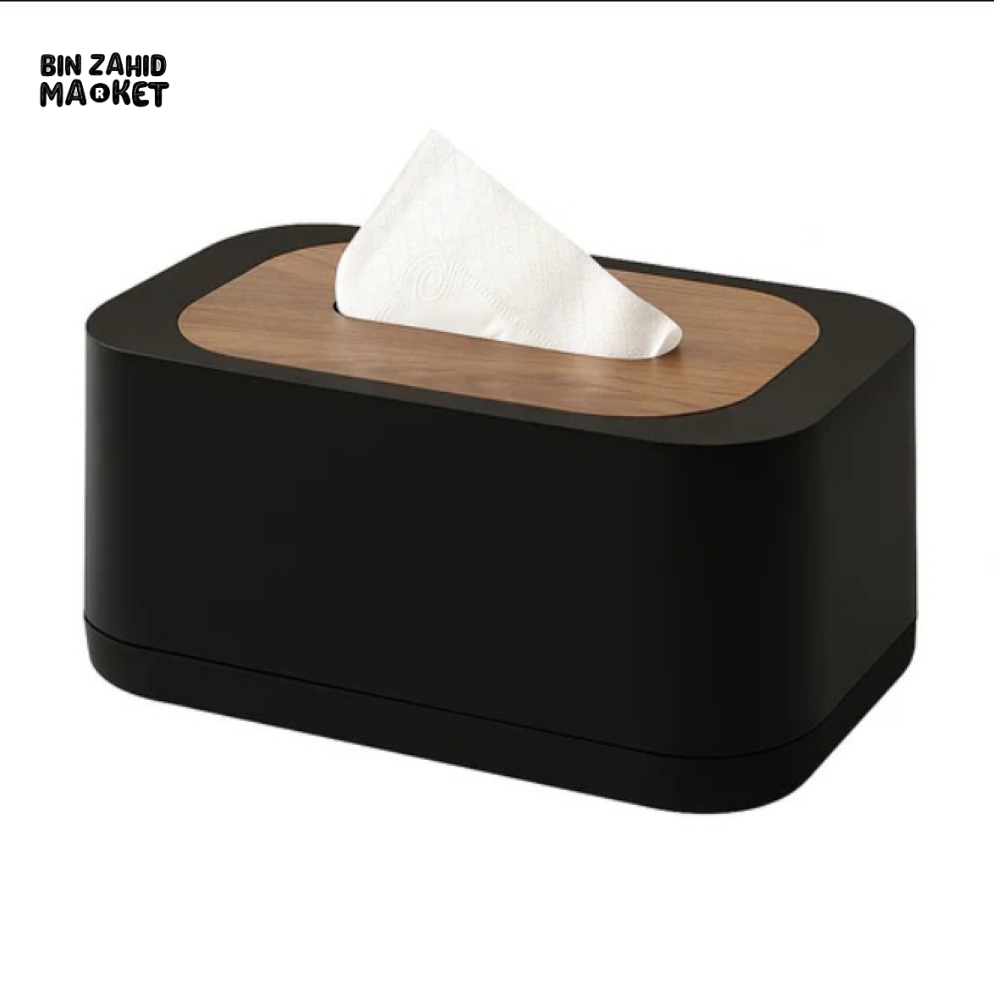ELEGANT BLACK TISSUE BOX COVER WITH WOOD TOP – TABLETOP ORGANIZER